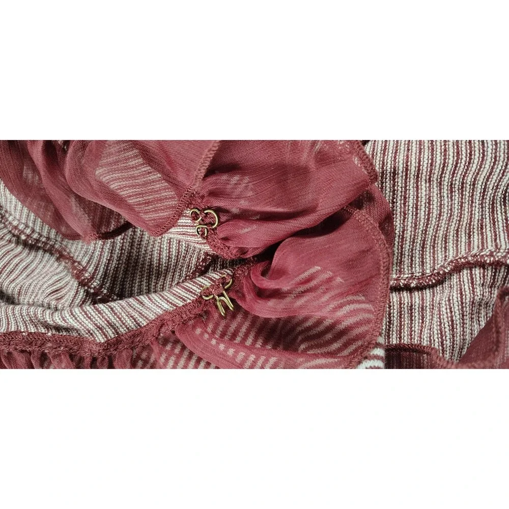 GUINEVERE XS‎ Anthropologie Cardigan Knit Top Ruffle Edge Burgundy Stripe Hook
